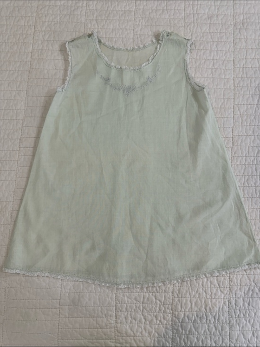 Vintage Handmade Embroidered 6-9 mo Baby Sleep Gown Mint Sleeveless Lace-Trim